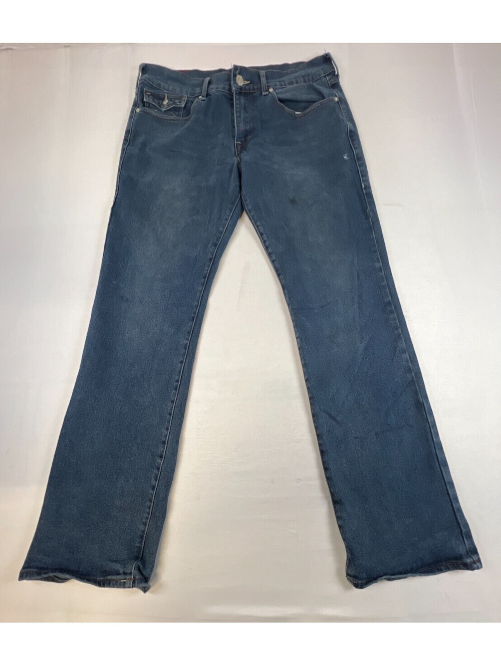 True Religion Men 33 Ricky Relaxed Straight Jeans Blue Denim Flap Pockets